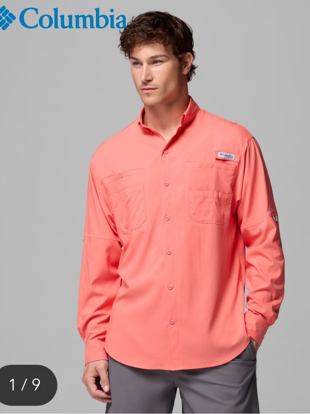 Columbia Long-Sleeve Button-Down Fishing Shirt in Melonade, Size Large, EUC